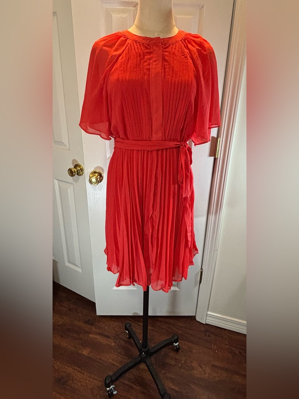 Umgee Red Pleated Chiffon Short Dress with Tie Waist